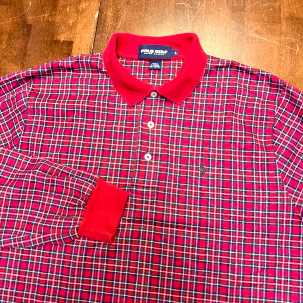 VTG Polo Golf Ralph Lauren Polo Shirt Mens L Red Plaid Long Sleeve ROCC Crest